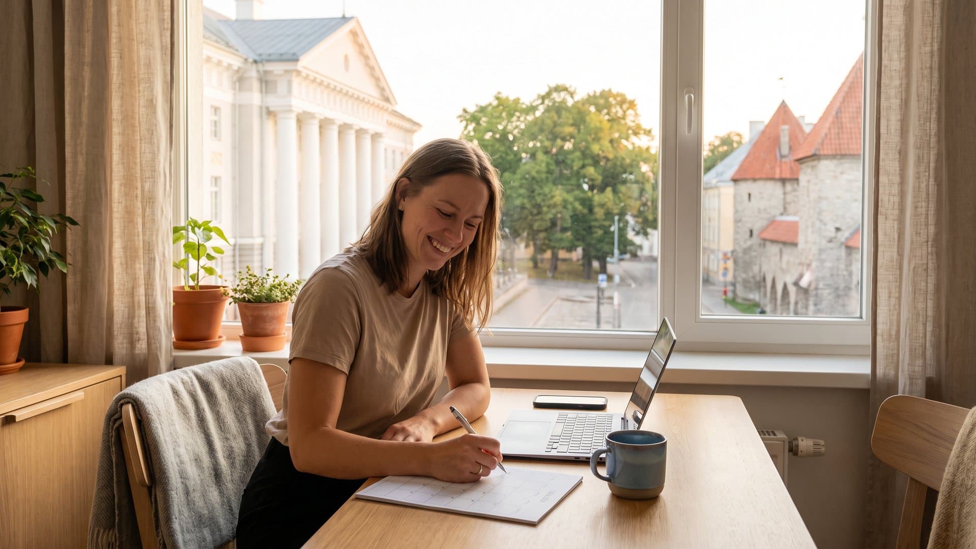 Korras väike stuudio: sülearvuti, seinakalender ja telefon