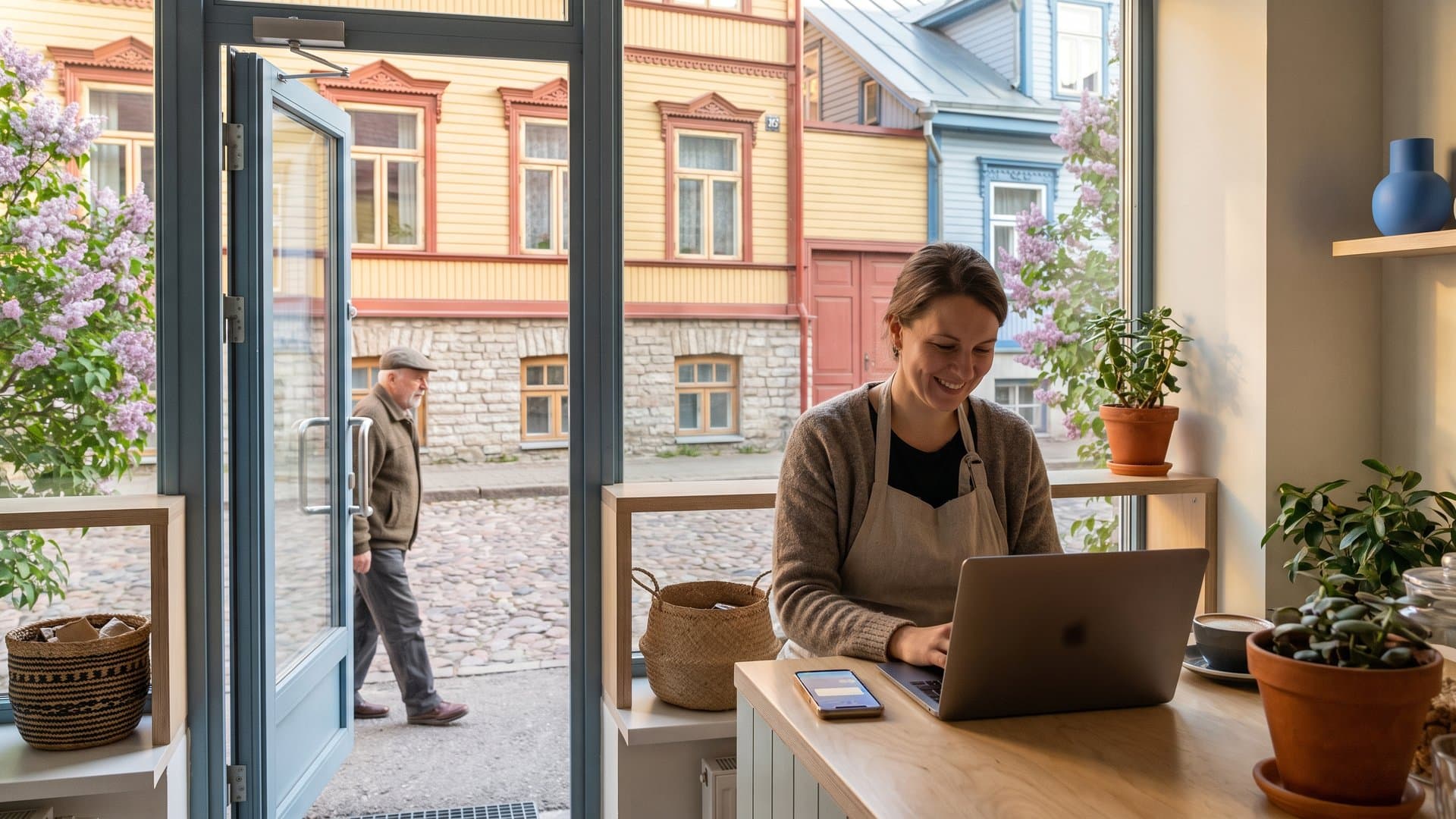 Kohviku omanik seadistab sülearvutit, telefon süttib letil
